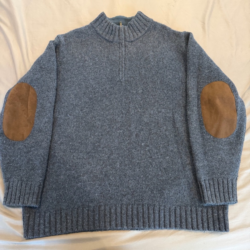 VTG LL Bean‎ 100% Wool Shetland Blue Mens Quarter Zip Sweater Elbow Patches XXL